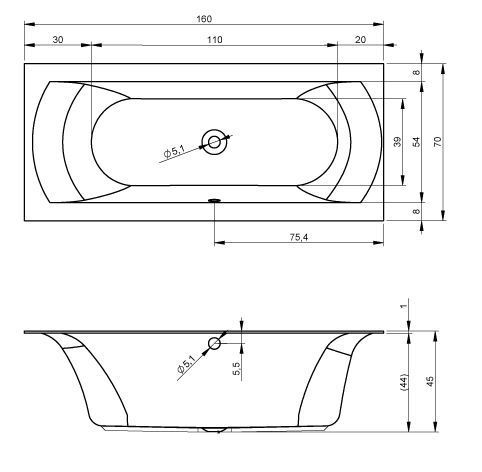 Ванна акриловая Riho LINARES R 160x70 (c тонким бортом), BT4200500000000