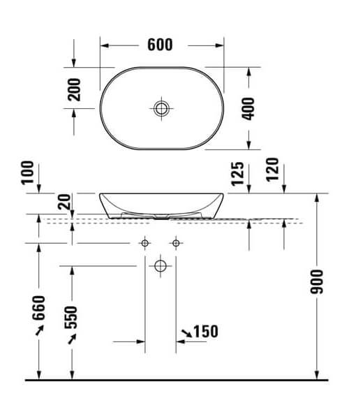 Раковина Duravit D-NEO 600 x 400 мм, без отв под смеситель, без перелива, крепёж, 2372600070