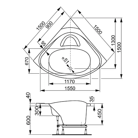 Ванна акриловая Vagnerplast Азтена 150*150 см, без панели и каркаса, белая, VPBA150ATH3E-04