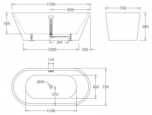 Ванна акриловая BelBagno 170*75 см, белая, без перелива, BB61-1700-W0