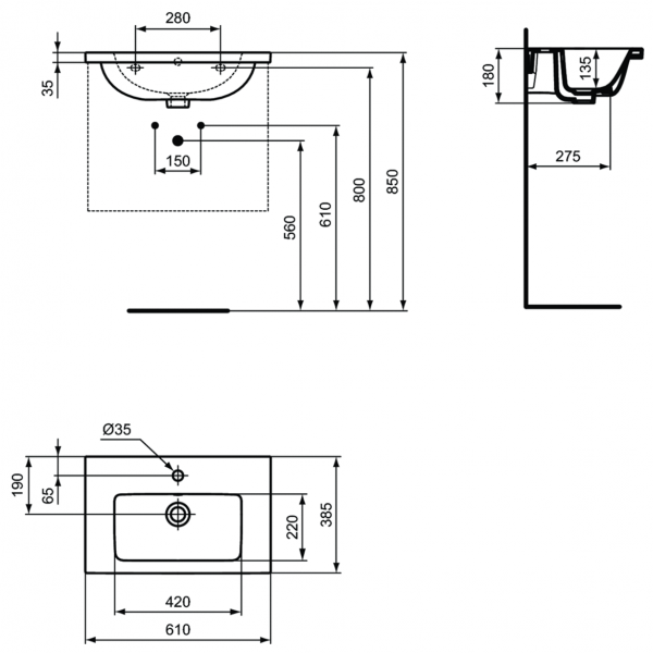 Раковина Ideal Standard i.life B Vanity 61x39 см с отверстием под смеситель, T459001