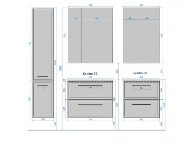Тумба с раковиной Raval Quadro 75 подвесная Белая, Qua.07.75/P/W