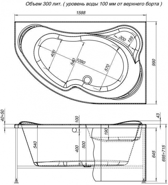 Акриловая ванна Aquanet Capri 160x100 R