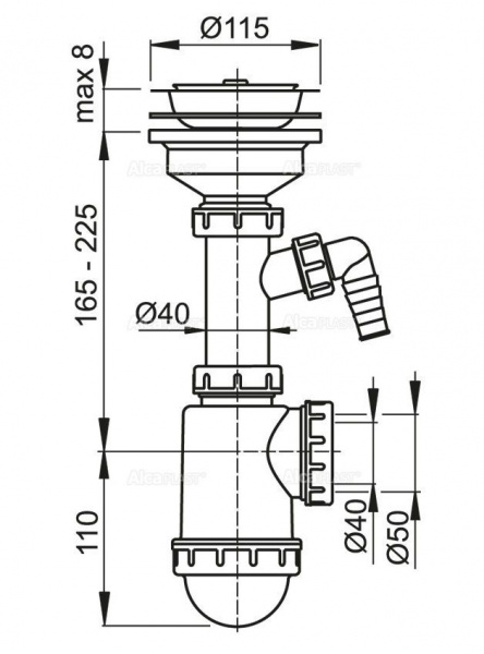 Сифон для мойки с нержавеющей peшeткой d115 и подводкой A446P d50/40