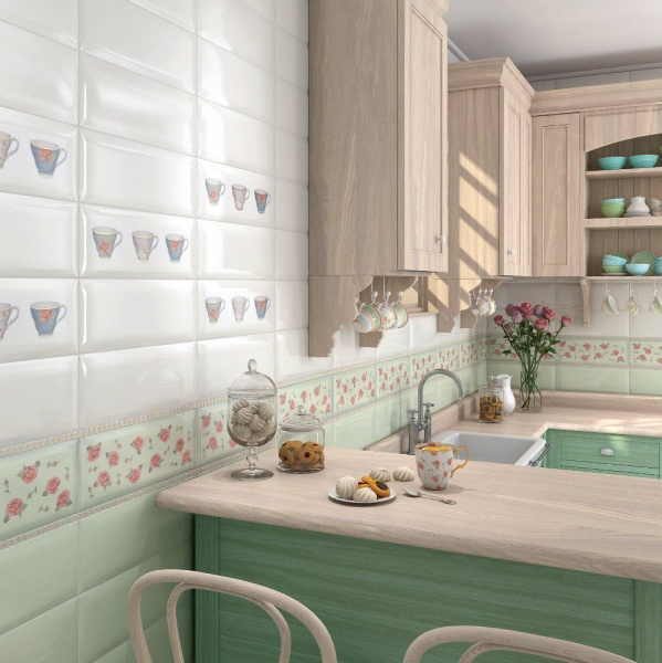 Плитка Kerama Marazzi Веджвуд 15х40 Цветы зеленый грань 15034 N
