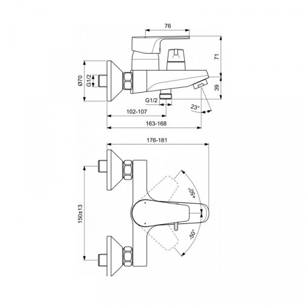Настенный смеситель для ванны/душа Ideal Standard CERAFINE D, картридж 38 мм FirmaFlow с функцией HW