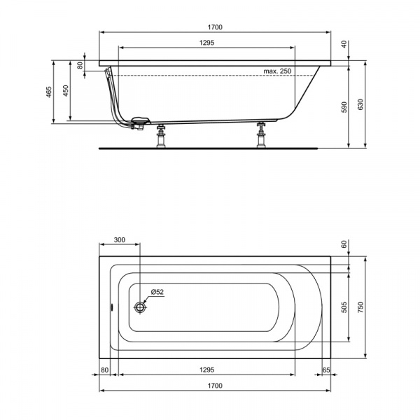Ванна акриловая Ideal Standard HOTLINE, встраиваемая, прямоугольная, 170х75 см, K274601