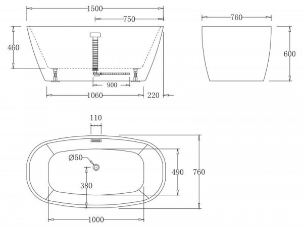 Ванна акриловая BelBagno  150*76 см, белая, без перелива, BB72-1500-W0