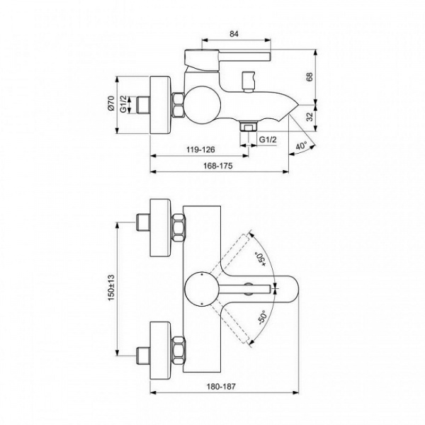 Настенный смеситель для ванны/душа Ideal Standard CERALINE, картридж 35 мм с функцией HWTC, черный,