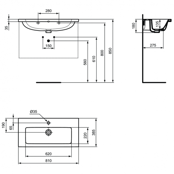 Раковина Ideal Standard i.life B Vanity 81x39 см с отверстием под смеситель, T458901