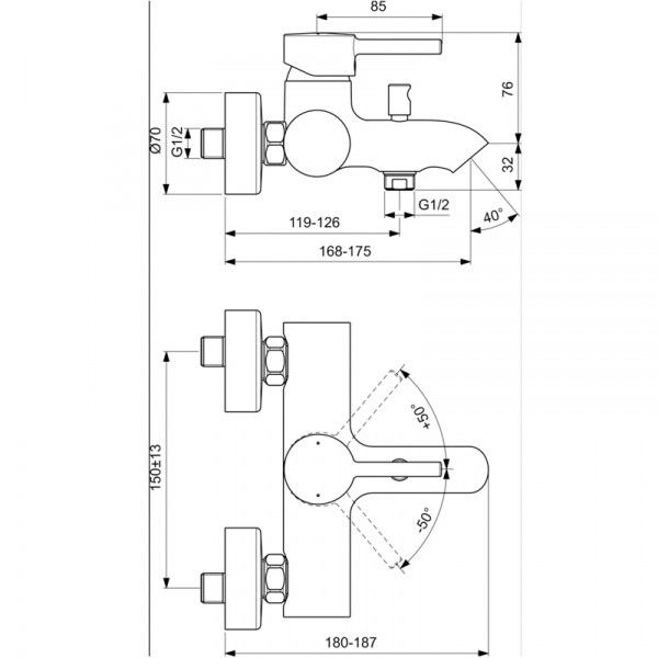 Настенный смеситель для ванны/душа Ideal Standard CERALINE, картридж 38 мм FirmaFlow с функцией HWTC