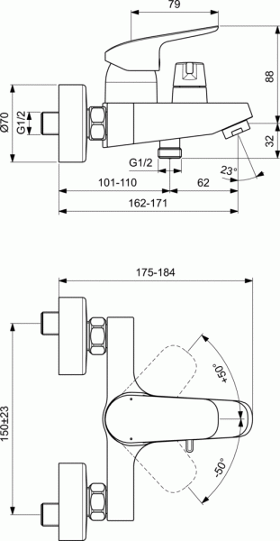 Настенный смеситель для ванны/душа Ideal Standard CERAFLEX, с керамическим переключателем, хром, B17