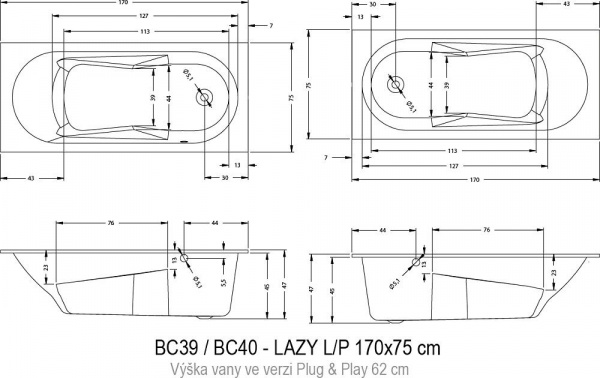 Ванна акриловая Riho LAZY RIGHT - PLUG & PLAY 170x75, BD7900500000000