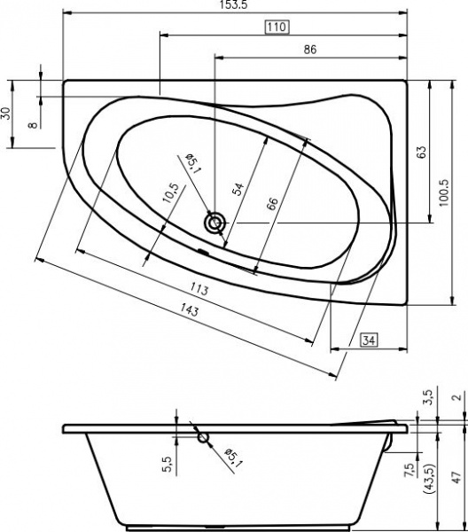 Ванна акриловая Riho LYRA 153х100 L, BA6800500000000