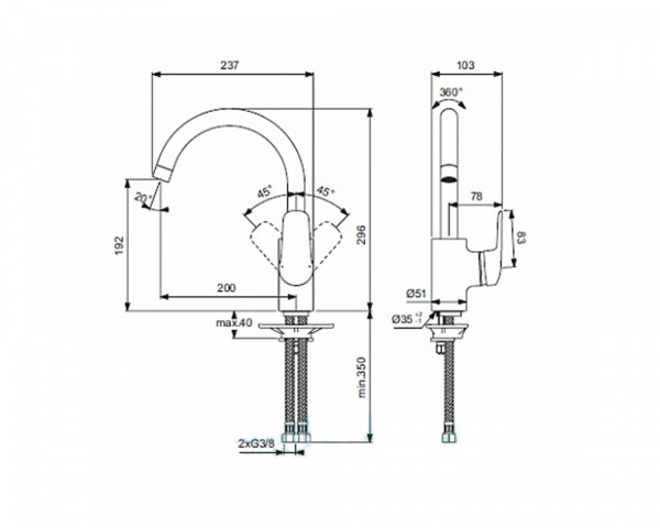 Смеситель для кухонной мойки Ideal Standard CERAFLEX, с высоким изливом и рукояткой сбоку, система о