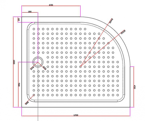 Поддон акриловый Cezares ассиметричный радиальный, R-550 1200x1000x150, TRAY-A-RH-120/100-550-15-W-L