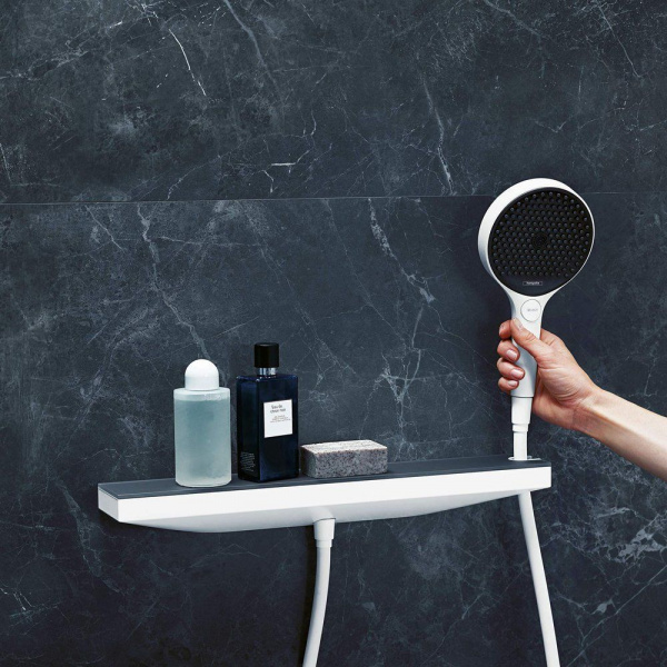 Шланговое подключение Hansgrohe Rainfinity Porter 500, с держателем и полкой, правое, белый матовый,