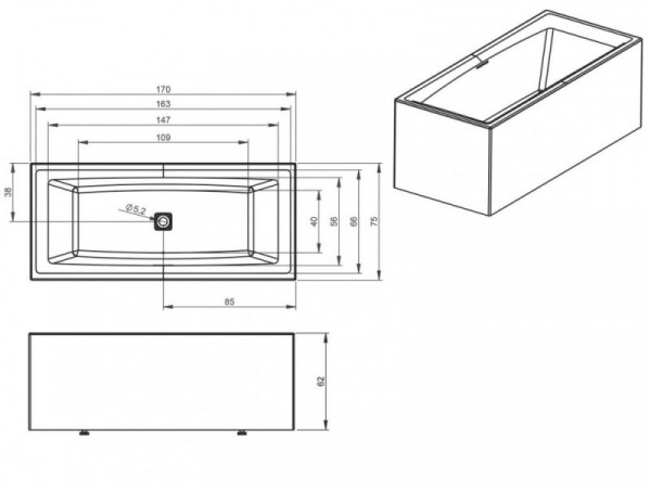 Ванна акриловая Riho STILL SQUARE ELITE L 170x75 (L-образная панель в комплекте), BD1400500000000
