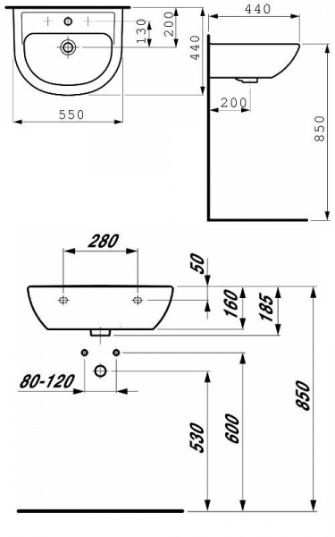 PRO раковина  550*440 см, с отверстием для смесителя 8.1095.1.000.104.1