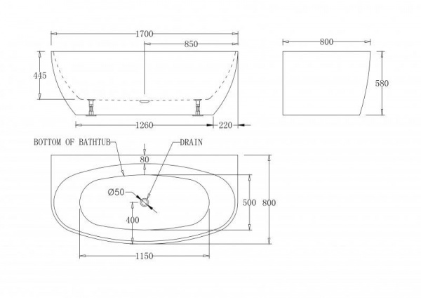Ванна акриловая BelBagno 170*80 см, белая,  без перелива, BB83-1700-W0