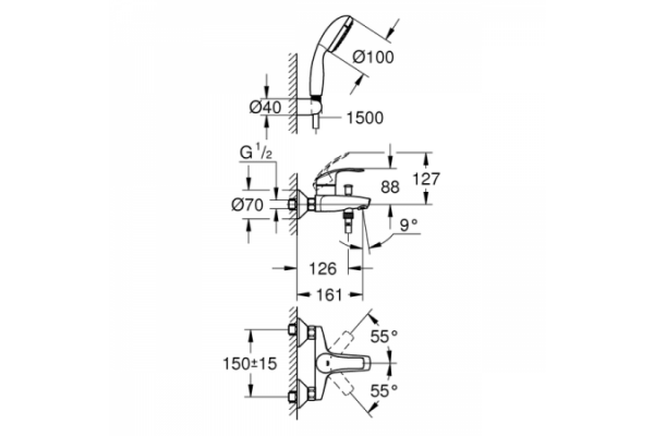 Смеситель для ванны Grohe Eurosmart New с душевым набором, хром, 3330220A