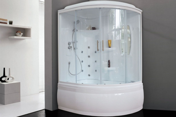Гидромассажный бокс Royal Bath 170х100х225, прозрачное стекло, белый профиль, левая, RB 170ALP-T-L