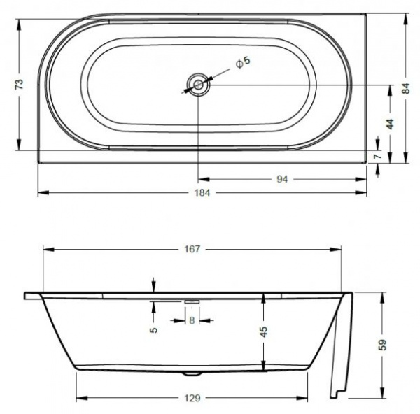 Ванна акриловая Riho DESIRE R 184x84 +светодиоды с размещением под ванной, BD0500500K00133