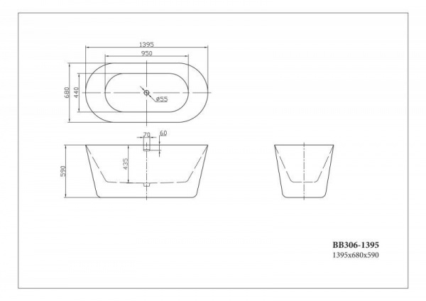 Ванна акриловая BelBagno 139.5*68 см, белая, BB306-1395