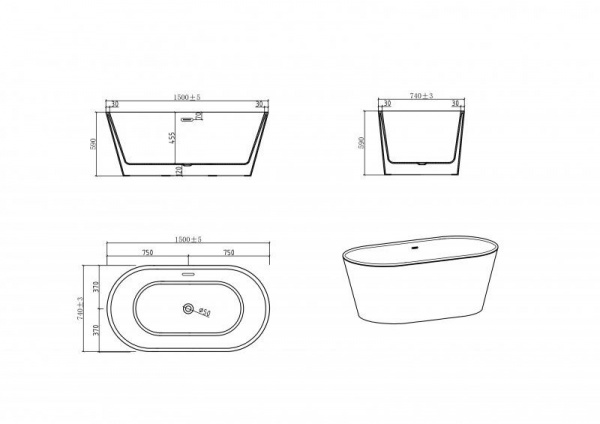 Ванна акриловая BelBagno 150*74 см, белая, BB202-1500-750