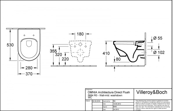 Сет: унитаз подвесной Villeroy&Boch Architectura, безободковый с толстым сиденьем микролифт+инсталля