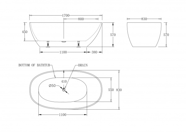 Ванна акриловая BelBagno 170*83 см, белая, без перелива, BB80-1700-W0