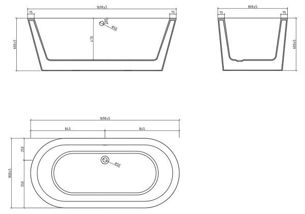 Ванна акриловая BelBagno 169*80 см, белая, BB202-1700-800