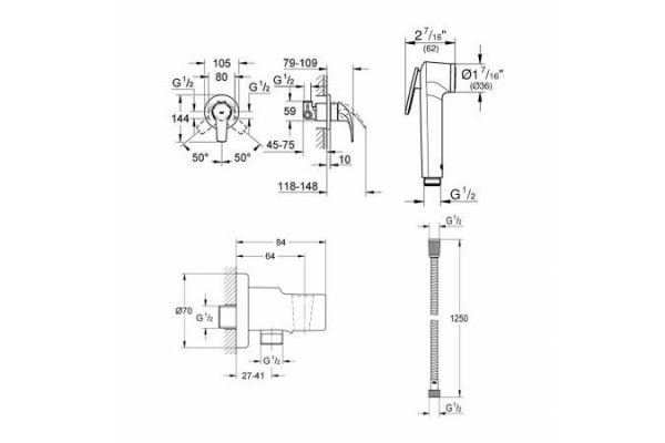 Гигиенический душ со смесителем Grohe BauCurve, хром, 123072