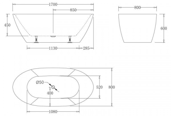 Ванна акриловая BelBagno 170*80 см, белая,  без перелива, BB77-1700-W0