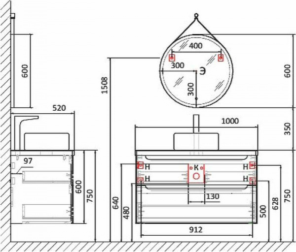 Тумба Jorno Wood 100 подвесная серая, Wood.01.100/P/GR