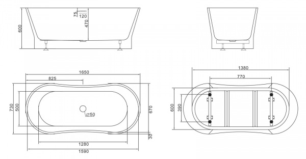 Ванна акриловая BelBagno 165*73 см, белая, BB406-1650-730