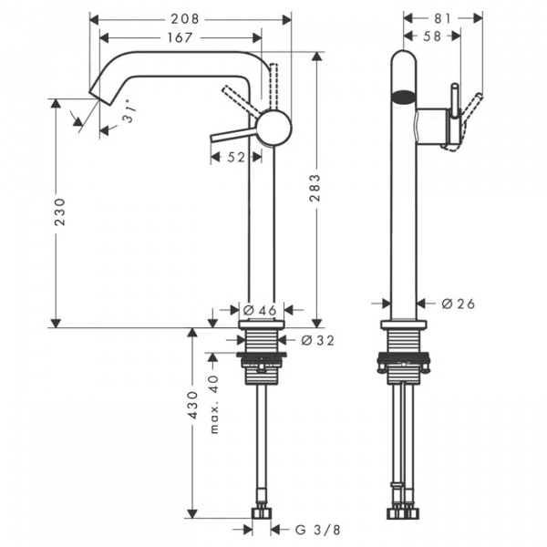 Смеситель для раковины Hansgrohe Tecturis S, с донным клапаном, хром, 73370000